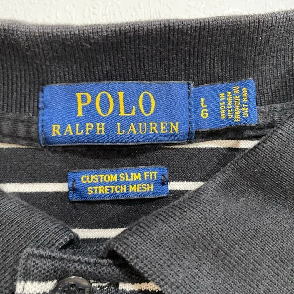 Polo Ralph Lauren Custom Slim Fit Striped Polo Shirt Mens Medium Black Stretch M